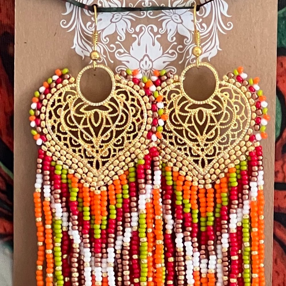 Handmade Beaded Earrings Native American Style Long Fringe Artisan Heart Dangles - Picture 2 of 7